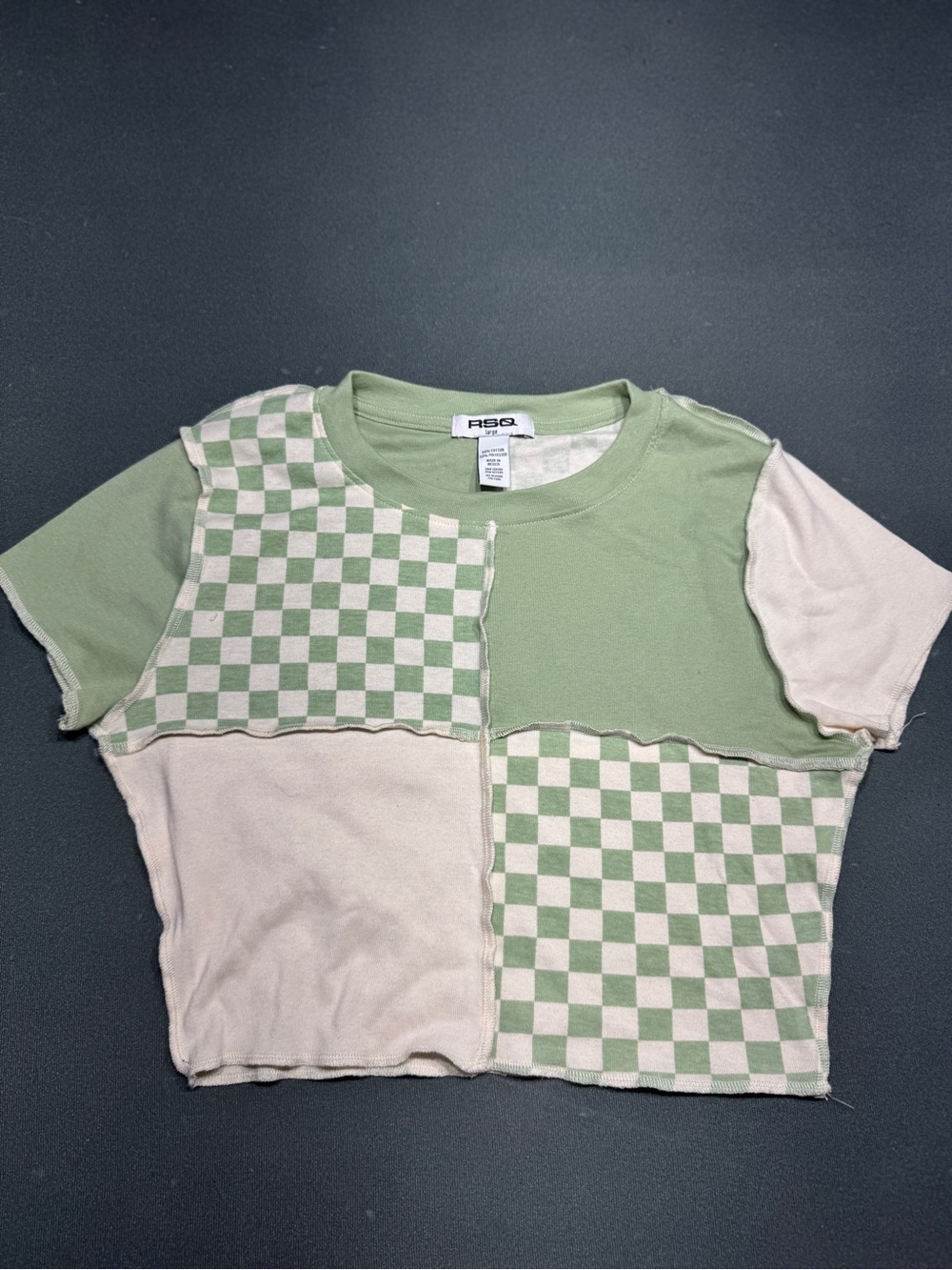 RSQ Sage & Cream Checkerboard Patchwork Crop Tee L